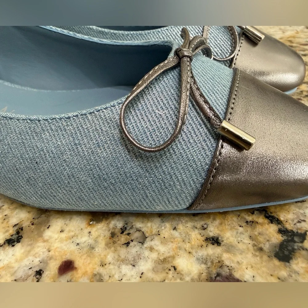 NWOT Stuart Weitzman Sleek Denim Bow Slingback Flat, Size 7.5
